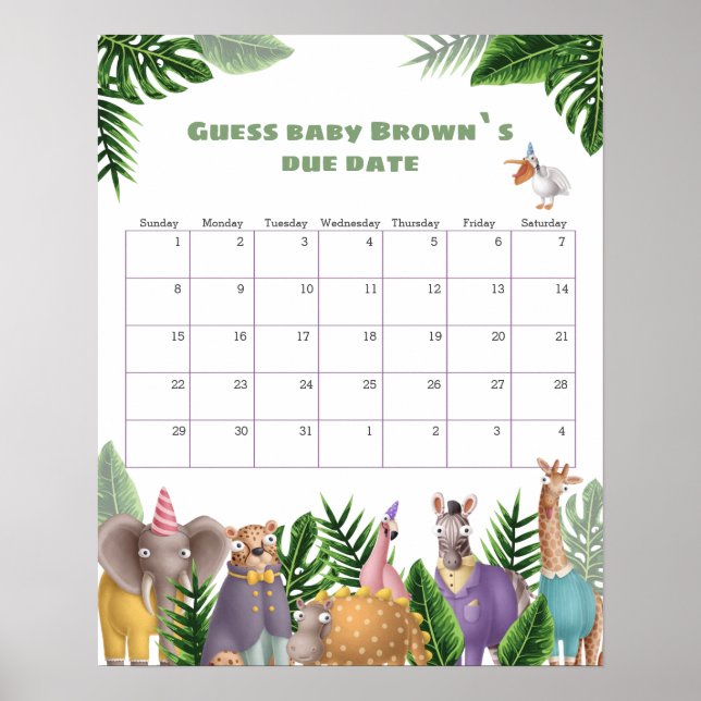 Tropical Safari Animals Due Date Calendar Poster (Front)