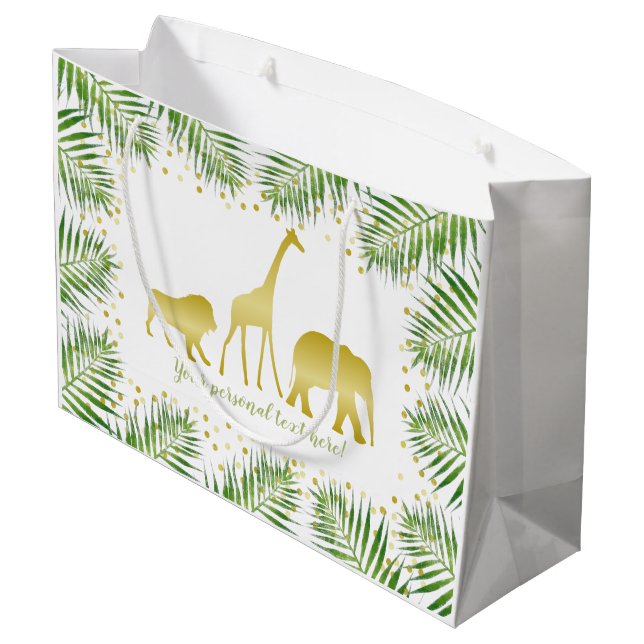 Tropical Safari Animals Gold Green Party Large Gift Bag (Back Angled)