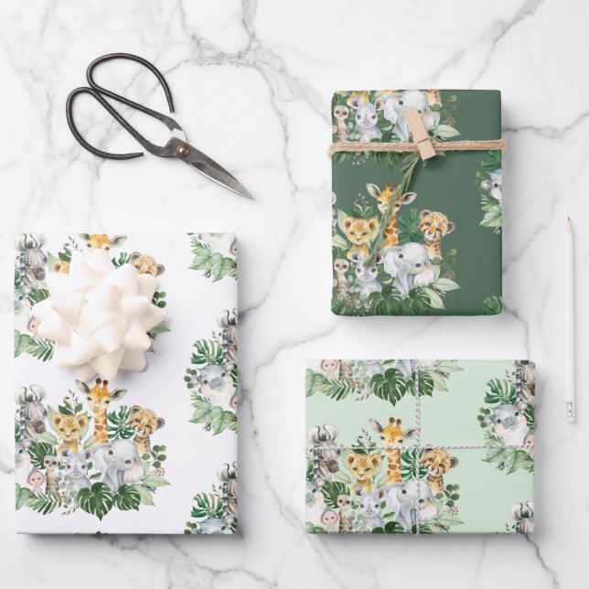 Tropical Safari Animals Jungle Greenery Wild Party Wrapping Paper Sheet (Front)