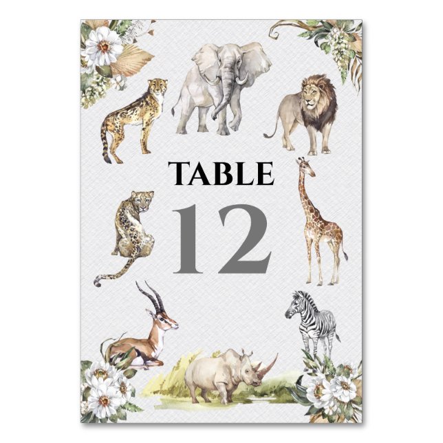 Tropical Safari Animals Jungle Wedding Table Number (Front)