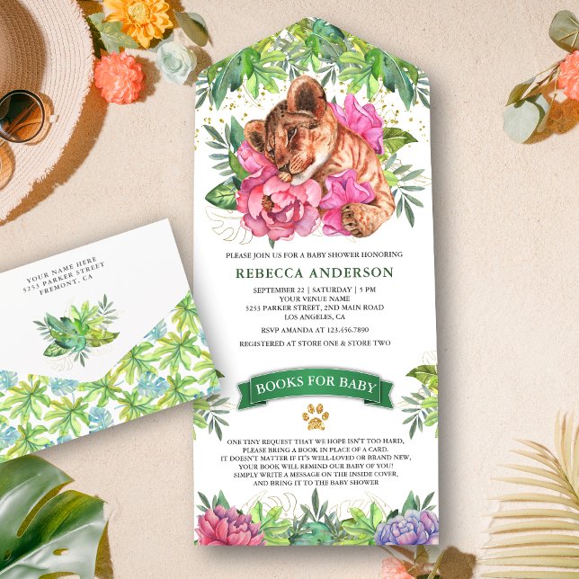 Tropical Safari Cute Floral Lion Cub Baby Shower All In One Invitation (Creator Uploaded)