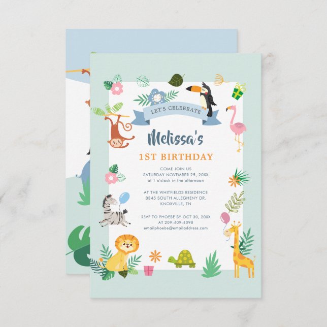 Tropical Safari Jungle Animals 1st Birthday Party Invitation (Front/Back)