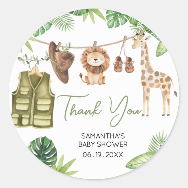 Tropical Safari Jungle Animals Baby Shower Classic Round Sticker (Front)