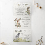 Tropical Safari Jungle Wedding Tri-Fold Invitation<br><div class="desc">Elegant Tropical Jungle Wedding invitations with exotic watercolor ferns, flowers ad animals against a light faux textured background. Features giraffes, zebra, lion, elephant, leopard or cheetah. These all in one Tri-fold invitations that come with response cards RSVP, Details and info and a photo of the couple. Wonderful for an exotic...</div>