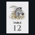 Tropical Safari Jungle Wedding Zebra Table Number<br><div class="desc">Elegant Tropical Jungle Wedding Table Numbers with exotic watercolor ferns, flowers and animals against a light faux textured background. This one features a zebrah. Wonderful for an exotic Jungle, Zoo, Safari wedding. You'll have to make each table number. To make more changes go to Personalise this template. On the bottom...</div>
