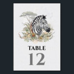 Tropical Safari Jungle Wedding Zebra Table Number<br><div class="desc">Elegant Tropical Jungle Wedding Table Numbers with exotic watercolor ferns, flowers and animals against a light faux textured background. This one features a zebrah. Wonderful for an exotic Jungle, Zoo, Safari wedding. You'll have to make each table number. To make more changes go to Personalise this template. On the bottom...</div>