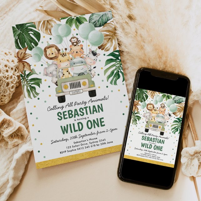 Tropical Safari Wild One Jungle Animals Birthday Invitation (Creator Uploaded)