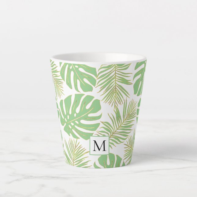 Tropical sage green and gold leaves and monogram latte mug (Front)