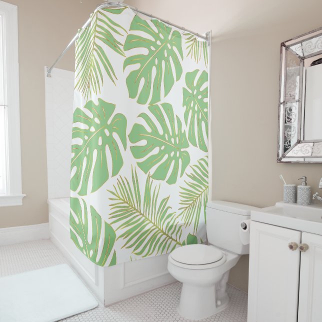 Tropical sage green gold monstera and palm leaves shower curtain (In Situ)