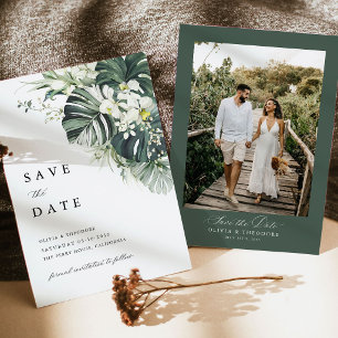 Tropical Sage Green Monstera Photo Back Wedding Save The Date