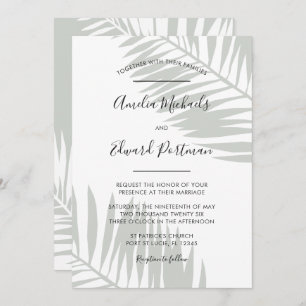 Tropical Sage Green Palm Leaves Wedding Invitation