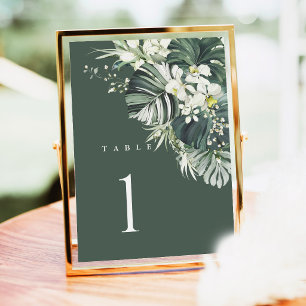 Tropical Sage Green Wedding Table Number, Monstera
