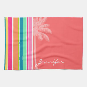Tropical Salmon Pink & Seafoam Green Tea Towel