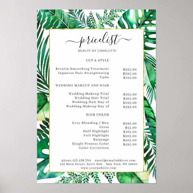Tropical Salon Price List Poster (Front)