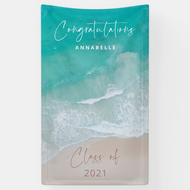 tropical sand beach ocean graduate congratulations banner (Vertical)