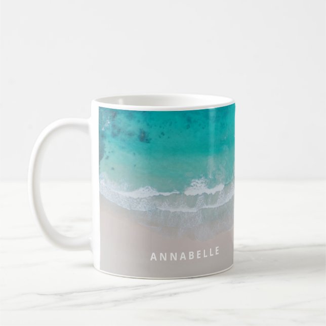Tropical sand beach ocean personalised modern coffee mug (Left)