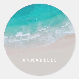 tropical sand beach ocean sunny waves modern  classic round sticker