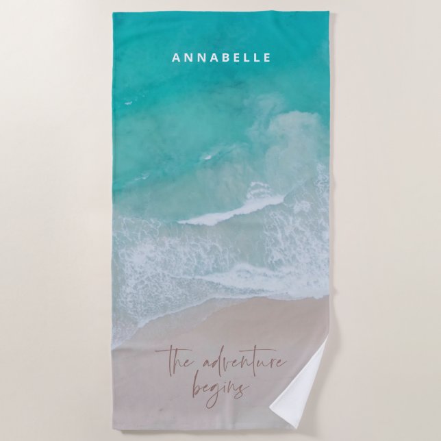 tropical sand beach ocean the adventure begins beach towel (Front)