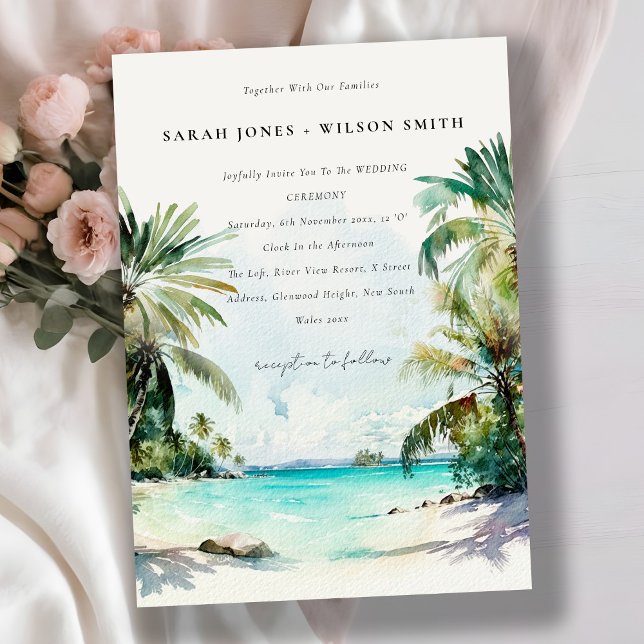 Tropical Sand Beach Palm Trees Wedding + Details Invitation (Creator Uploaded)