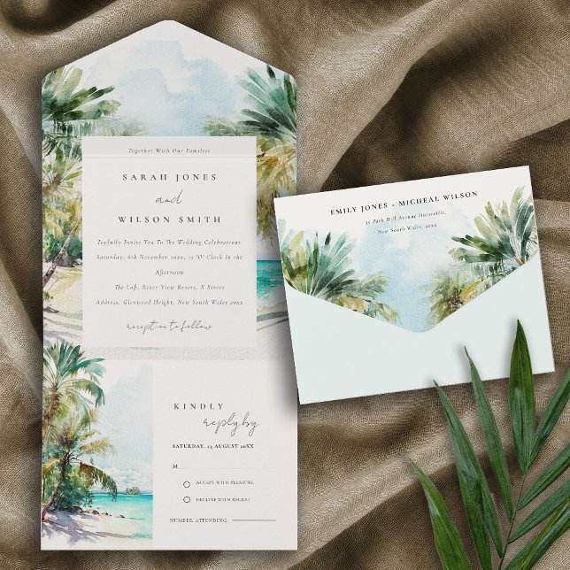 Tropical Sand Beach Watercolor Palm Trees Wedding All In One Invitation (Creator Uploaded)