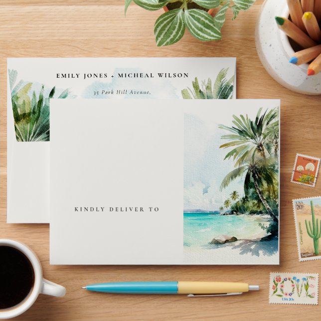 Tropical Sand Beach Watercolor Palm Trees Wedding Envelope (Desk)