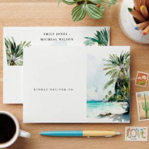Tropical Sand Beach Watercolor Palm Trees Wedding Envelope