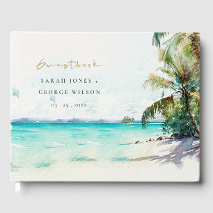 Tropical Sand Beach Watercolor Palm Trees Wedding Guest Book