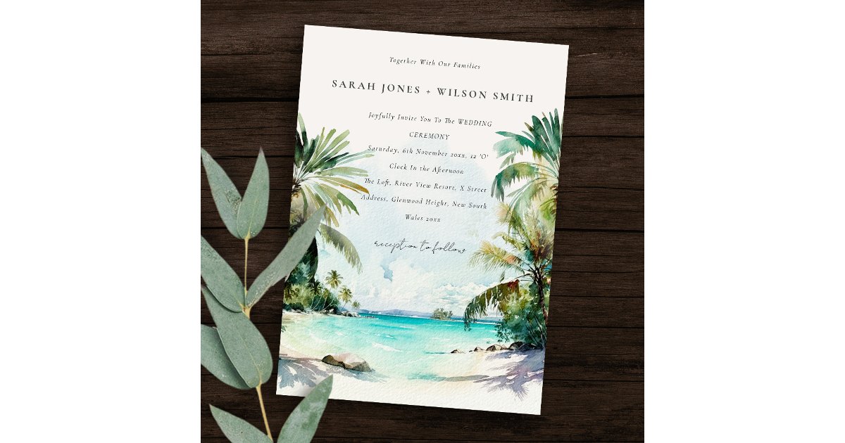 Tropical Sand Beach Watercolor Palm Trees Wedding Invitation | Zazzle