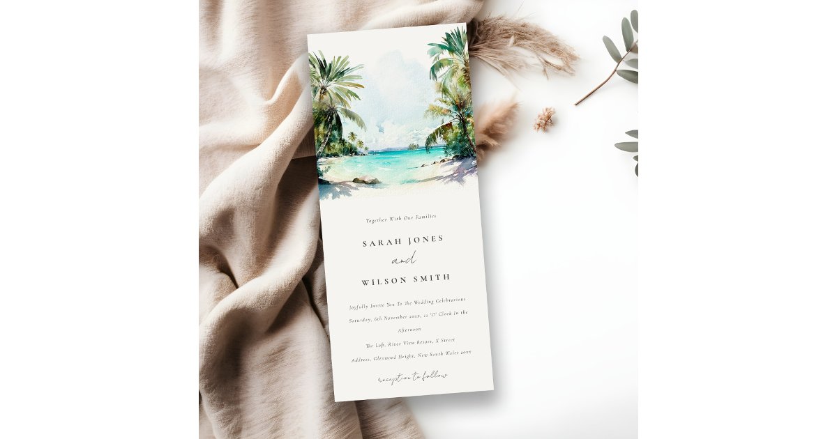 Tropical Sand Beach Watercolor Palm Trees Wedding Invitation | Zazzle