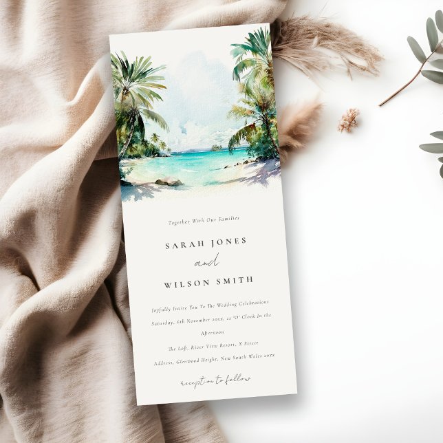 Tropical Sand Beach Watercolor Palm Trees Wedding Invitation (Creator Uploaded)