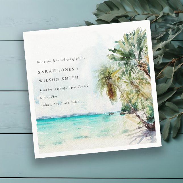 Tropical Sand Beach Watercolor Palm Trees Wedding Napkin (Creator Uploaded)