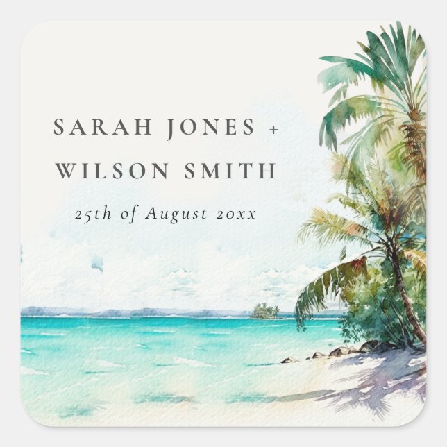 Tropical Sand Beach Watercolor Palm Trees Wedding Square Sticker (Front)