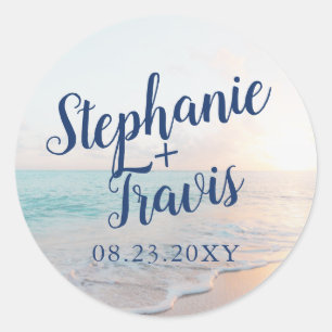 Tropical Sand Beach Wedding Monogram Date Classic Round Sticker