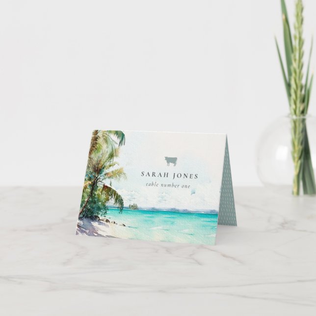 Tropical Sand Palm Trees Wedding Place Card Cow (Front)