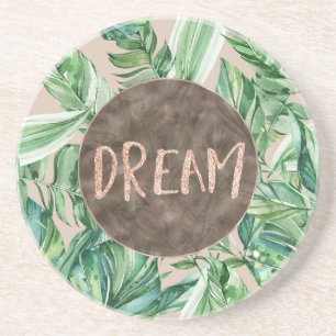 Tropical Sand Peach Green Leaves Glitter Dream Coaster