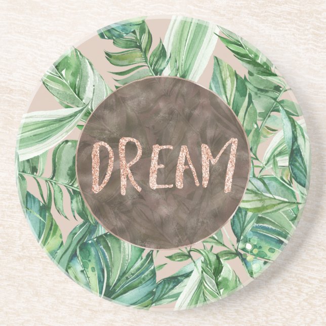 Tropical Sand Peach Green Leaves Glitter Dream     Coaster (Front)