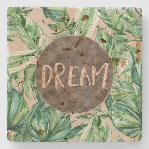 Tropical Sand Peach Green Leaves Glitter Dream Stone Coaster