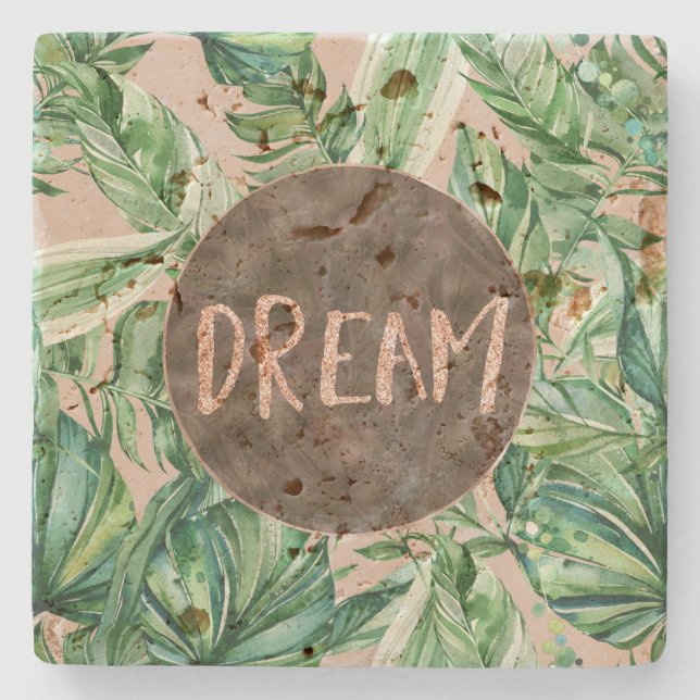 Tropical Sand Peach Green Leaves Glitter Dream     Stone Coaster (Front)
