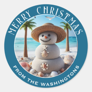 Tropical Sand Snowman Personalised Christmas  Classic Round Sticker