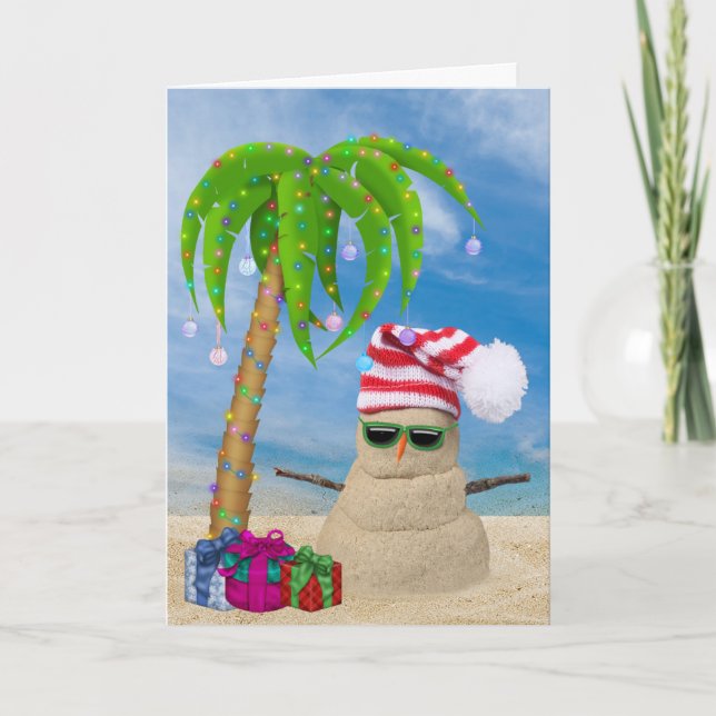 Tropical Sand Snowman with Christmas palm tree Card (Front)