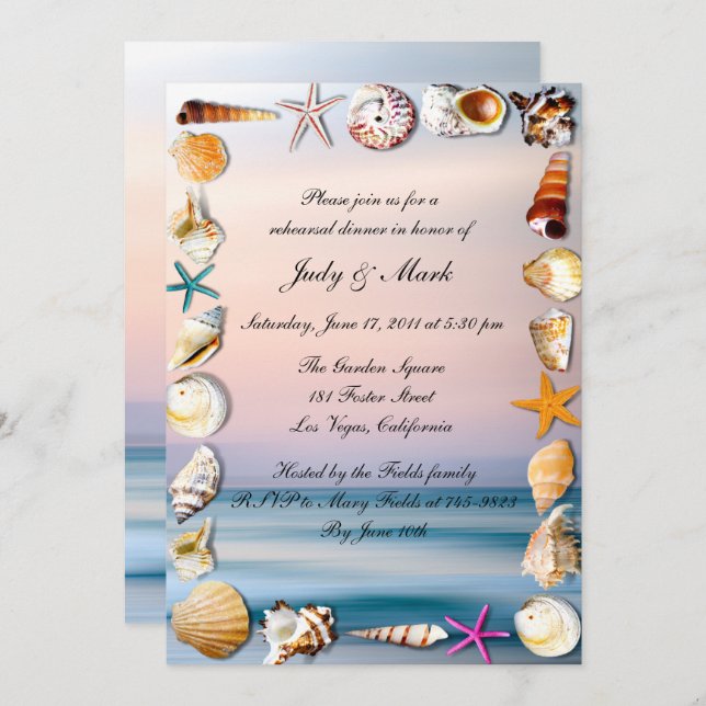 Tropical Sandy Beach And Seashell Rehearsal Dinner Invitation (Front/Back)