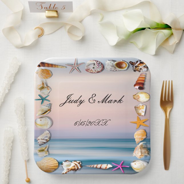 Tropical Sandy Beach And Seashells Paper Plate (Wedding)