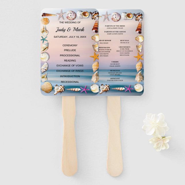 Tropical Sandy Beach And Seashells Wedding Program Hand Fan (Front and Back)