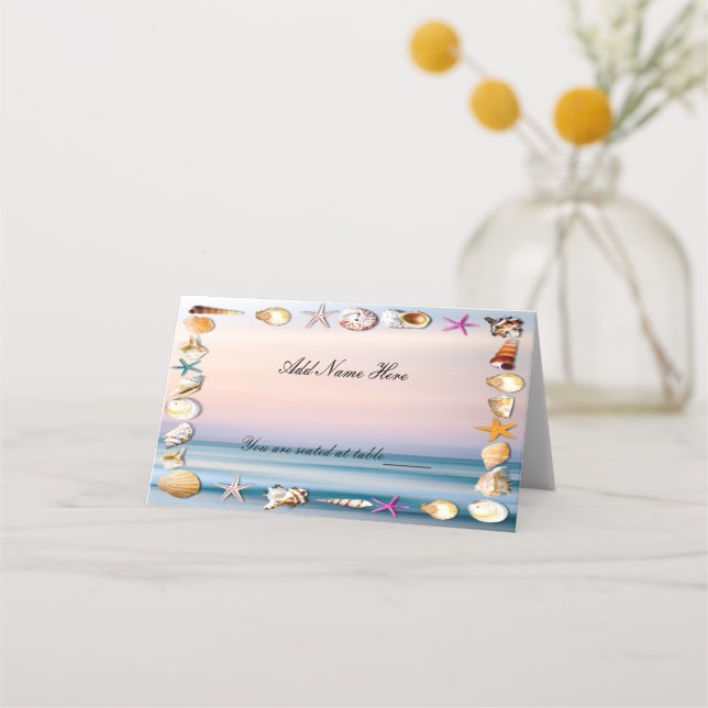 Tropical Sandy Beach And Seashells  Wedding Table Place Card (Front)