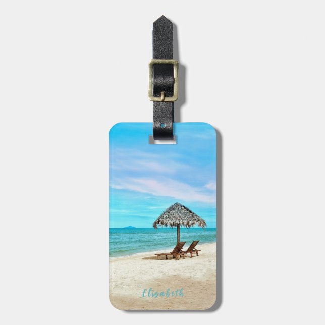 Tropical Sandy Beach Custom Name Luggage Tag (Front Vertical)
