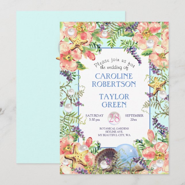 Tropical Sandy Beach Rose Seashell Pearl Wedding Invitation (Front/Back)