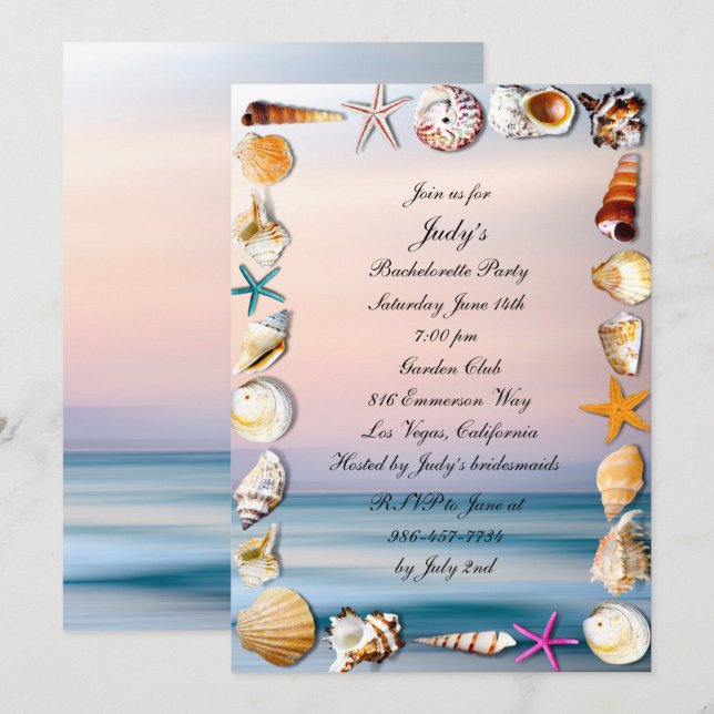 Tropical Sandy Beach & Seashell Bachelorette Party Invitation (Front/Back)