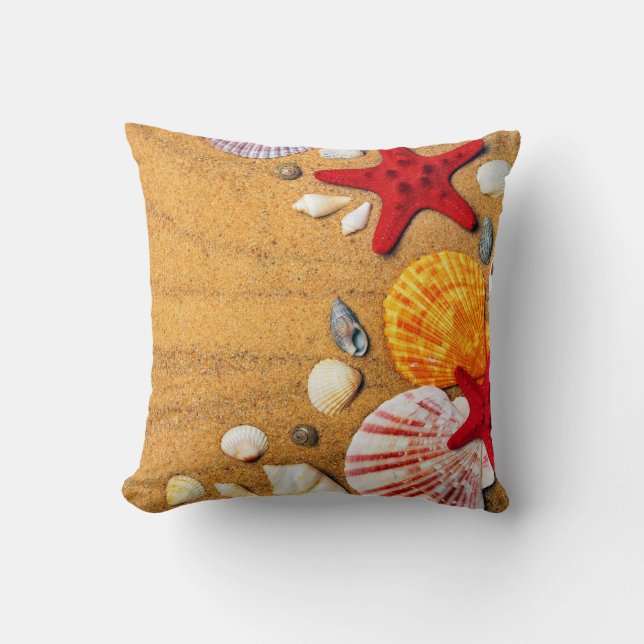 Tropical Sandy Beach Seashells Starfish Cushion (Front)
