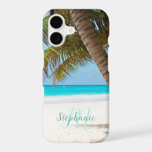 Tropical Sandy Beach Turquoise Monogram Palm Tree