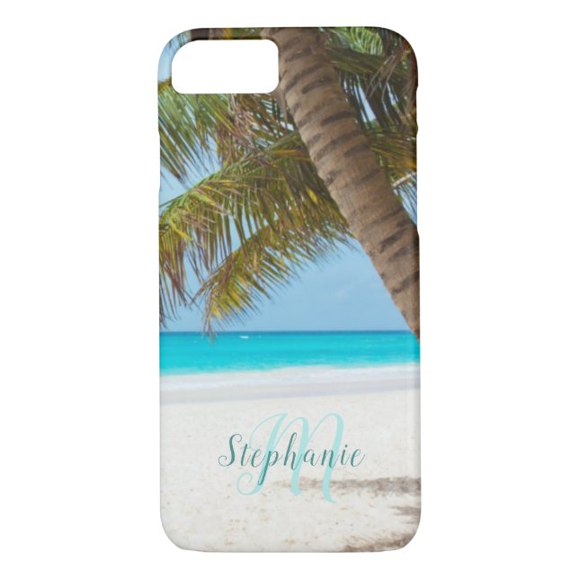 Tropical Sandy Beach Turquoise Monogram Palm Tree Case-Mate iPhone Case (Back)